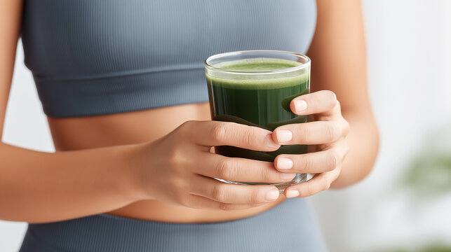 Female hands holding a glass of spirulina drink after workout, showcasing healthy lifestyle choice with green beverage in a bright indoor setting
