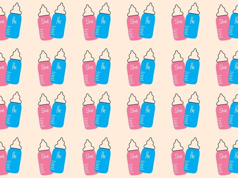 Pattern featuring baby bottles repeated in a grid on a light background. Bottles alternate between pink with the word "She" and blue with the word "He," both topped with white caps. Each bottle has vo