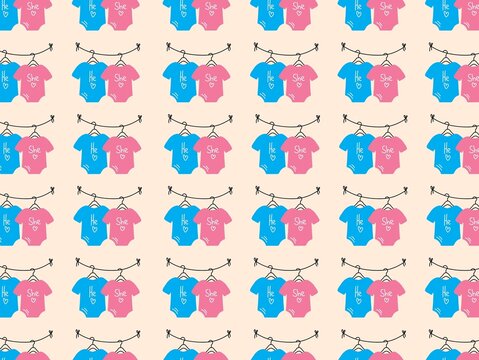 Pattern featuring repeating pairs of t-shirts on hangers. Blue shirts with the word "He" and a heart symbol pink shirts with "She" and a heart. Arranged alternately across a beige background. Each pai