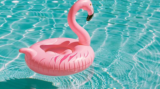 Pink flamingo pool float drifting on crystal clear water, capturing summer vacation vibes, leisure, relaxation and fun outdoor lifestyle
