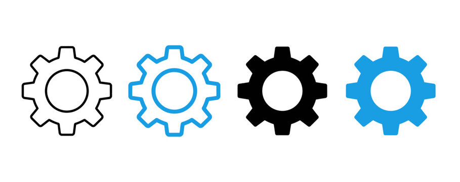 Set of gear wheel icons in various styles with mechanical engineering industrial configuration mechanism technical industry development maintenance business innovation production interface