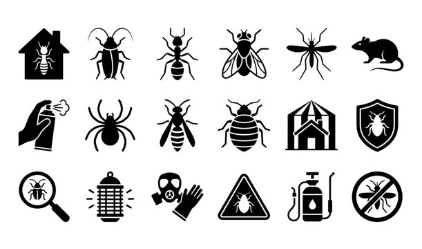 Pest control icon set featuring common household insects and protection equipment exterminator mosquito protection infestation sanitation chemical equipment maintenance collection management