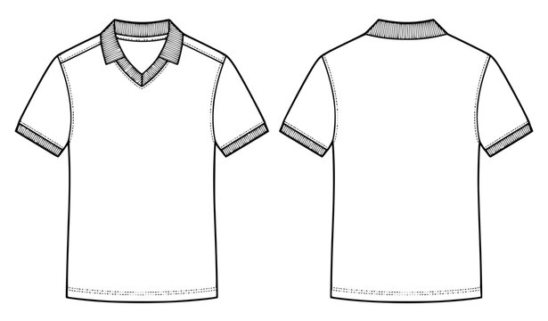 Short Sleeve Polo Shirt Technical Flat Sketch Vector Template with V Neck Collar