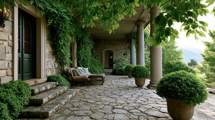 Naklejka premium Stone patio rustic outdoor terrace lush greenery potted plant stone wall mountain view summer peaceful inviting natural light