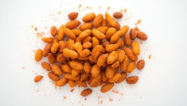 Isolated crispy broad bean chips, spicy fried vicia faba snacks for salads or meals on a white background.