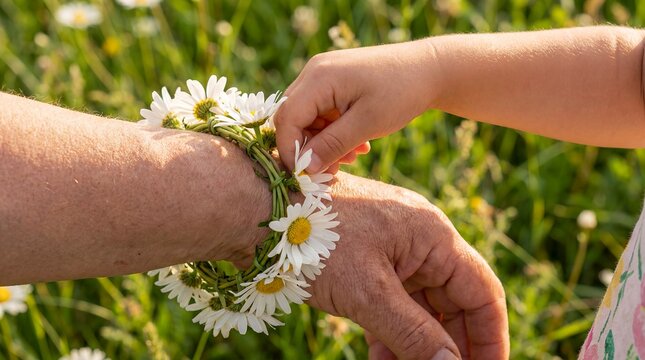 child hand daisy chain parent wrist family care tenderness gentle spring bonding scene about affection trust childhood gratitude and handmade love for parenting wellness and support campaigns