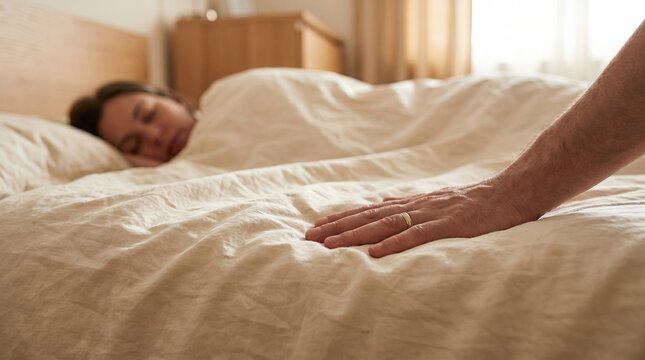 smoothing bedsheet resting person caregiving bedroom comfort clean linen gentle home care scene about dignity recovery daily support and quiet kindness for healthcare eldercare and wellness campaigns