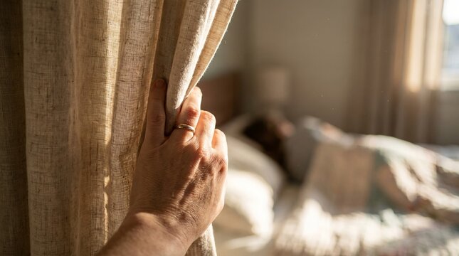 closing curtain rest privacy caregiving bedroom comfort gentle hand recovery calm home scene about protecting sleep healing and peaceful routines for healthcare hospitality and family care campaigns