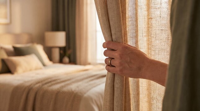 closing curtain rest privacy caregiving bedroom comfort gentle hand recovery calm home scene about protecting sleep healing and peaceful routines for healthcare hospitality and family care campaigns