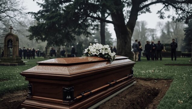 A wooden casket adorned with white flowers rests above an excavated grave in the cemetery. Burial service taking place.