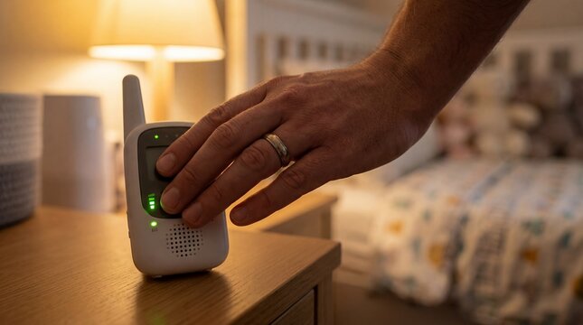 baby monitor parent hand nursery listening newborn care night parenting gentle home scene about vigilance protection sleep routines and family comfort for childcare wellness and product campaigns