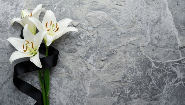 White lilies adorned with a black ribbon on a stone surface. Simple funeral theme representing sorrow, compassion, and memory. Aerial perspective with space for text.