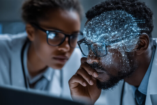 Advanced neuroscience and artificial intelligence concepts featuring brain-computer interfaces, research and future healthcare technologies. Realistic scenes focused on innovation and scientific disco