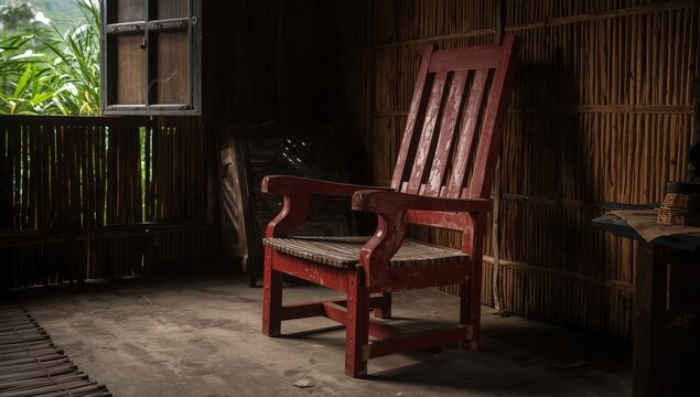 A worn red wooden chair is located in a countryside home in Tasikmalaya, West Java, Indonesia.