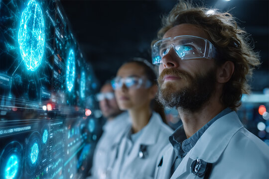 Advanced neuroscience and artificial intelligence concepts featuring brain-computer interfaces, research and future healthcare technologies. Realistic scenes focused on innovation and scientific disco