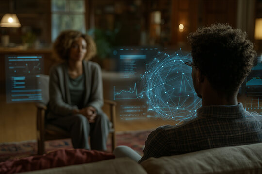 Advanced neuroscience and artificial intelligence concepts featuring brain-computer interfaces, research and future healthcare technologies. Realistic scenes focused on innovation and scientific disco