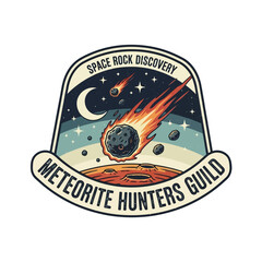 Meteorite Hunters Guild vintage badge with space rock discovery theme. © REdd