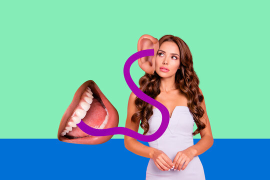 Collage of man woman eavesdropping on surreal talking mouth symbolizing rumors gossip and strange communication