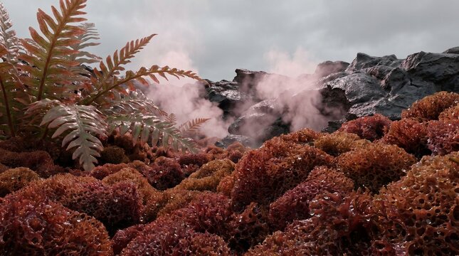 A detailed close-up photograph of volcanic terrain with red lichen, ferns, and steam rising from dark volcanic rock formations
