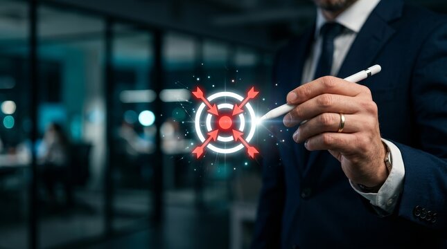 Strategic goal-setting concept with a businessman pointing at a target icon for effective decision-making.