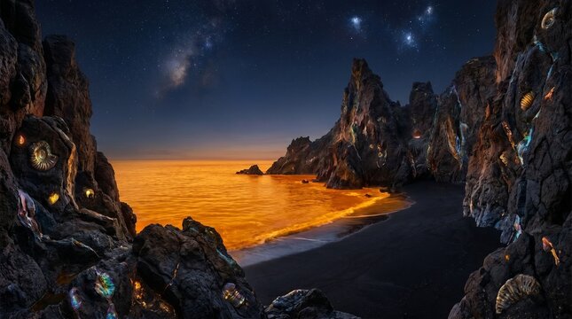 A realistic wide-angle coastal landscape of a black sand beach surrounded by dark rocky cliffs with glowing fossils under a starry night sky