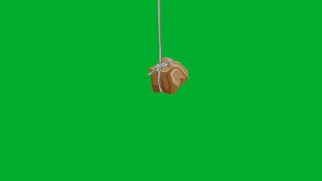 2d animation Hanging stone on a thin vertical string rope moving up and down gently animation on green screen. Tied heavy rock crystal weight balancing, physics gravity experiment or pendulum swing