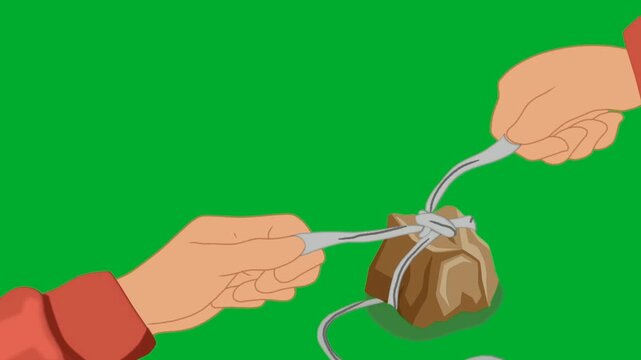 2d animation Hands binding a stone package with string rope carefully animation on green screen. Human arm gesture wrapping thread cord tightly around heavy object for shipping, parcel postal
