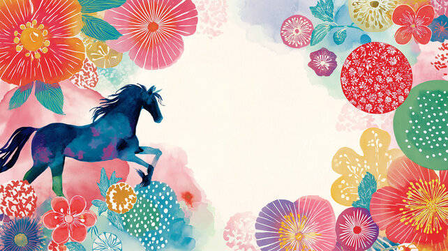 花や文様に彩られた和風背景の中を駆け抜ける馬のイラスト、競馬、疾走感、躍動感、動物、たてがみ、優雅、力強い、走る、スピード感、日本風、伝統柄、装飾、華やか、背景素材、ポスター、広告、壁紙、アート、デザイン、インテリア、表紙、カード、バナー、豪華、気品、縁起、勝負運、生命力、勇壮、躍進、観賞用、和モダン、存在感、商用利用、待受画面、印刷向け、和文化、躍進祈願、和風素材、素材集、販促用、高級感、上質感