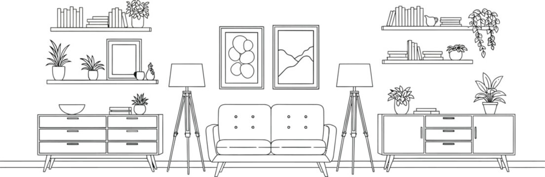 Living room interior sketch with sofa cabinets and shelves in a minimalist line art vector illustration