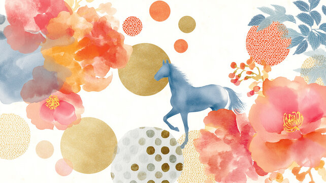 伝統的な和柄とともに颯爽と走る馬を描いた和風イラスト、競馬、疾走感、躍動感、たてがみ、優雅、力強い、動物、装飾、文様、日本風、華やか、背景素材、ポスター、広告、壁紙、アート、デザイン、勝負運、縁起、豪華、走る、スピード感、勇壮、気品、和モダン、カード、バナー、表紙、印象的、躍進、生命力、観賞用、創作素材、アイコン、メインビジュアル、商用利用、待受画面、印刷向け、和文化、躍進祈願、素材集、招福、吉祥