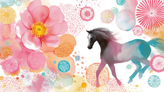 和柄を背景に力強く駆ける馬の躍動感あふれる和風イラスト、競馬、疾走感、たてがみ、優美、気品、伝統文様、装飾、華やか、動物、走る、ジャンプ、スピード感、背景素材、ポスター、広告、壁紙、アート、デザイン、インパクト、躍進、勝負運、縁起、豪華、日本風、モダン、観賞用、表紙、バナー、カード、和モダン、迫力、生命力、勇壮、スタイリッシュ、商用利用、待受画面、印刷向け、和文化、躍進祈願、和風素材、素材集、招福