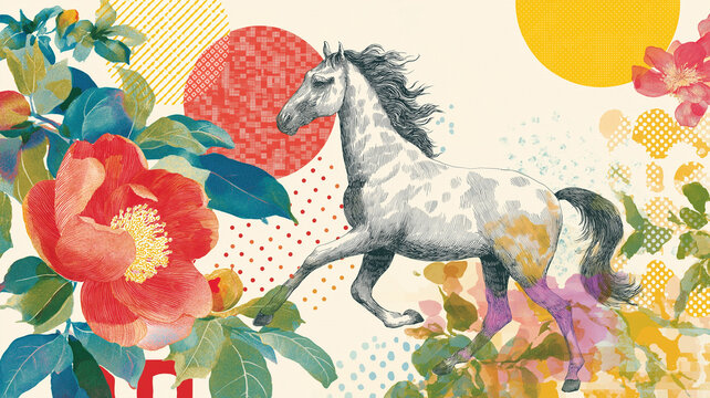 和柄を背景に力強く駆ける馬の躍動感あふれる和風イラスト、競馬、疾走感、たてがみ、優美、気品、伝統文様、装飾、華やか、動物、走る、ジャンプ、スピード感、背景素材、ポスター、広告、壁紙、アート、デザイン、インパクト、躍進、勝負運、縁起、豪華、日本風、モダン、観賞用、表紙、バナー、カード、和モダン、迫力、生命力、勇壮、スタイリッシュ、商用利用、待受画面、印刷向け、和文化、躍進祈願、和風素材、素材集、招福