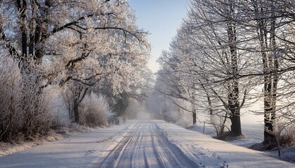 Obraz premium Winter Lane Among Frosted Trees In The Morning Photo Taken In December