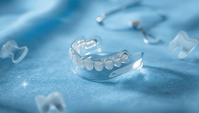 Clear night guard for sleep, teeth grinding prevention, and orthodontic protection. Blue backdrop.