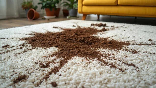 Soil marks on a light rug by the yellow couch. Messy stains from a plant pot indoors. High-quality image.