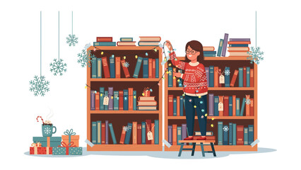 Christmas Library Decoration: A young woman, dressed in festive holiday attire, decorates bookshelves with twinkling lights and snowflakes, surrounded by gift-wrapped books and a mug of hot cocoa. © Ajm
