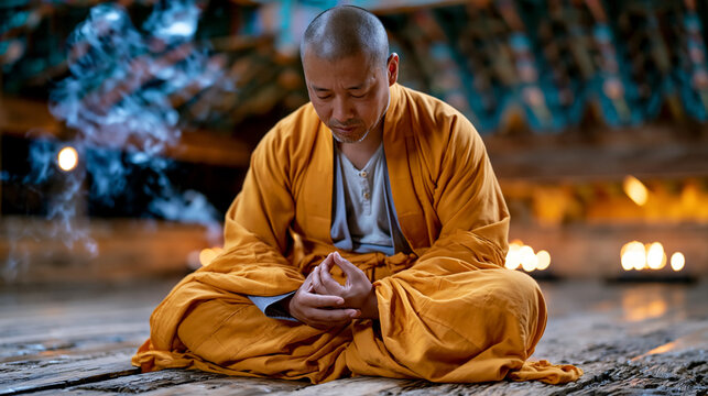 Buddhist monk in saffron robes sits cross-legged on worn wooden floorboards inside a mountain monastery meditation hall, incense smoke curling upward toward latticed ceiling beams, soft ambient ligh