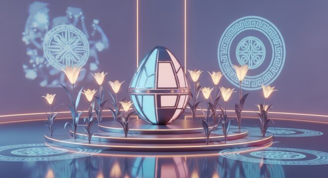 Abstract futuristic glowing sculpture in high tech hall.