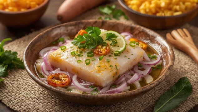 Ceviche Clasico is a classic Peruvian dish featuring fresh fish soaked in lime juice with onions, peppers, and cilantro.