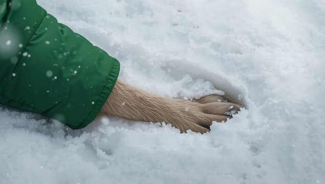 A dog's paw in a green puffer jacket is in the snow, close-up side view. Winter snow is cold and uncomfortable for pets, causing their paw pads to freeze.