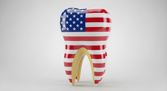 American patriotism concept with a tooth shaped like the united states flag 3d rendering illustration