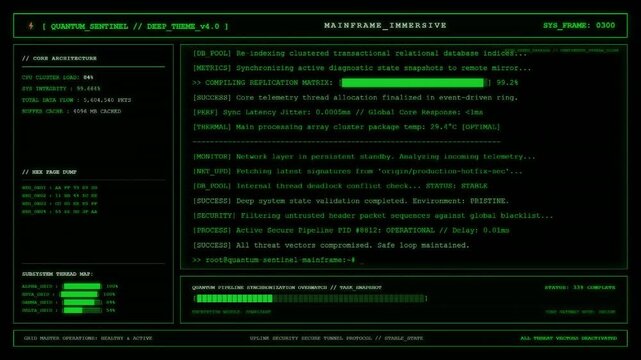 Quantum Sentinel Mainframe Server Architecture Network Dashboard Animation.