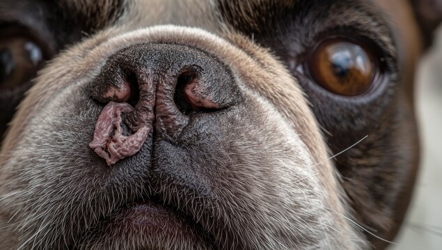 Detailed view of a French Bulldog's nose exhibiting neurogenic dry eye and a dry, crusty nostril on the same side as the impacted eye.