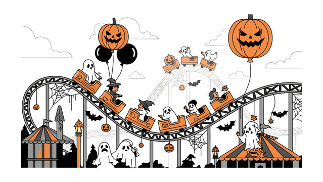 Halloween Rollercoaster Thrills: A whimsical Halloween-themed amusement park scene unfolds with a spooky rollercoaster filled with ghoulish passengers and giant jack-o'-lanterns.
