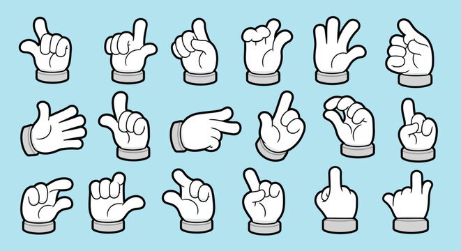 Set of cartoon hands in various gestures and poses.