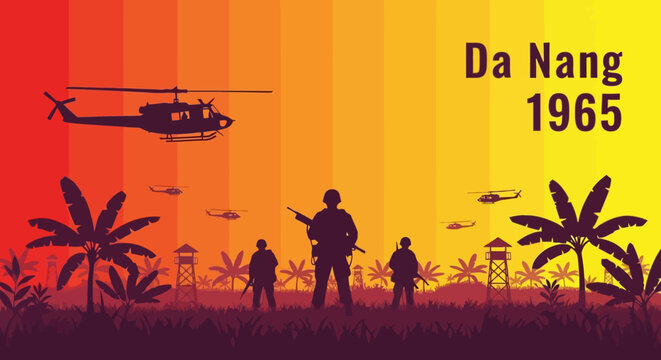 Soldiers and helicopters in Da Nang 1965 during the Vietnam War.
