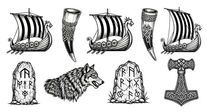 Viking Symbols and Mythology - Longships, Drinking Horns, Runestones, Wolf, and Mjolnir Hammer.