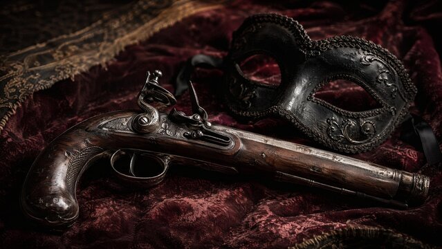 Antique flintlock pistol and black mask arranged on faded velvet fabric, historical still life.