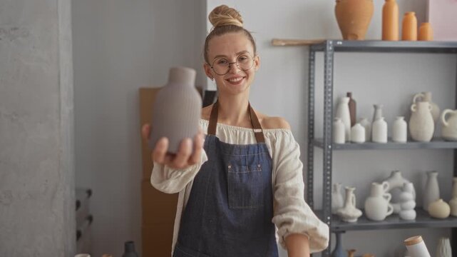 Young blonde woman in apron holding a handmade ceramic vase and giving thumbs up in a studio; craft pride.