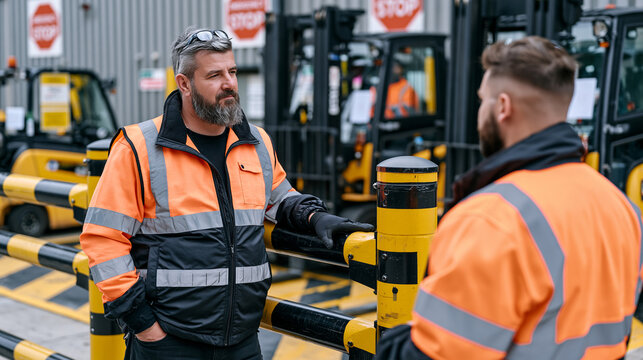 Loading dock safety officer demonstrating forklift clearance protocol to new warehouse hires at a busy freight terminal, painted floor zones marking pedestrian corridors, counterbalance forklifts vi